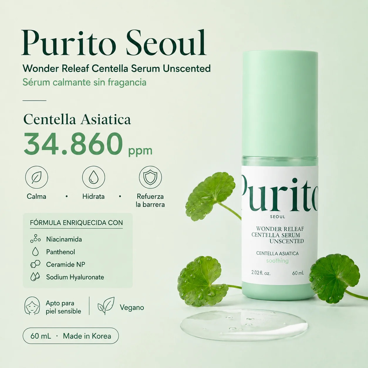 Sérum facial Wonder Releaf Centella Serum Unscented Purito Seoul 60 ml