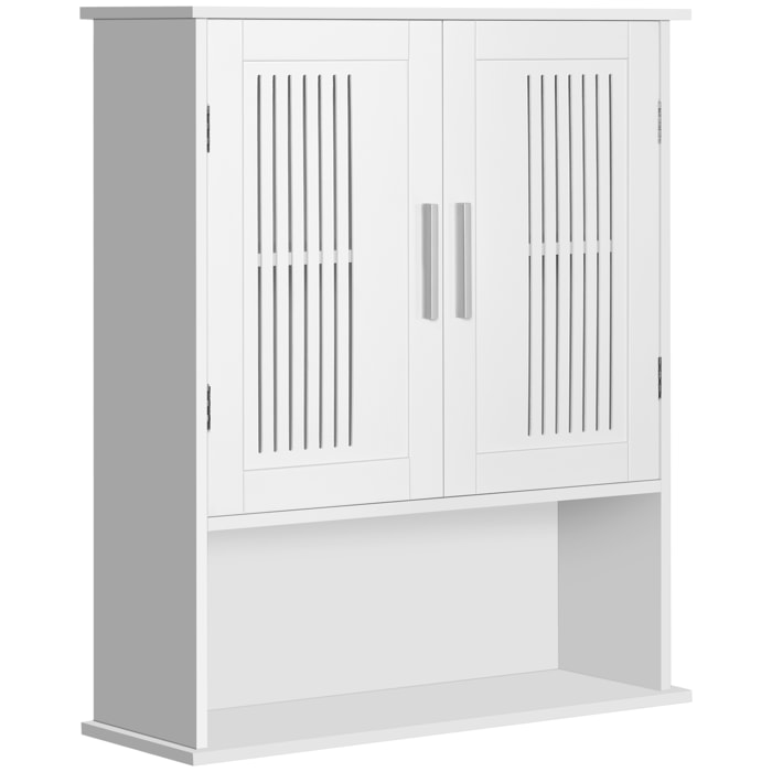 Armario de Pared para Baño Multiusos Mueble de Baño Suspendido Armario Colgante de Almacenamiento con 2 Puertas de Listones Estante Ajustable y Compartimento 60x20x70 cm Blanco