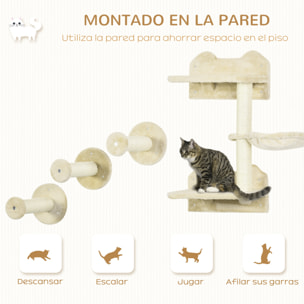 Juego de Estanterías para Gatos de 4 Piezas Rascador de Pared para Gatos con 3 Postes de Sisal Hamaca y 1 Plataforma para Saltar de 3 Niveles Beige