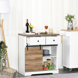 Aparador Armario de Cocina Aparador de Cocina Mueble Botellero para 6 Botellas con Puerta Corredera de Granero y 2 Cajones Estilo Rústico para Salón Comedor 80x39x86 cm Blanco y Natural