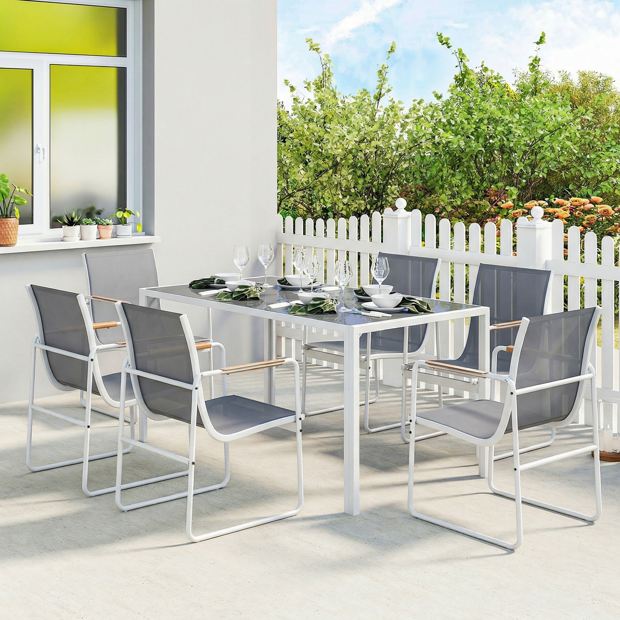 Conjunto de Mesa y Sillas Jardín de 7 Piezas, Muebles Jardín Exterior con Mesa de Vidrio Templado, 6 Sillas Transpirables Decorativas, Marco de Acero Resistente a la Intemperie, Blanco y Gris