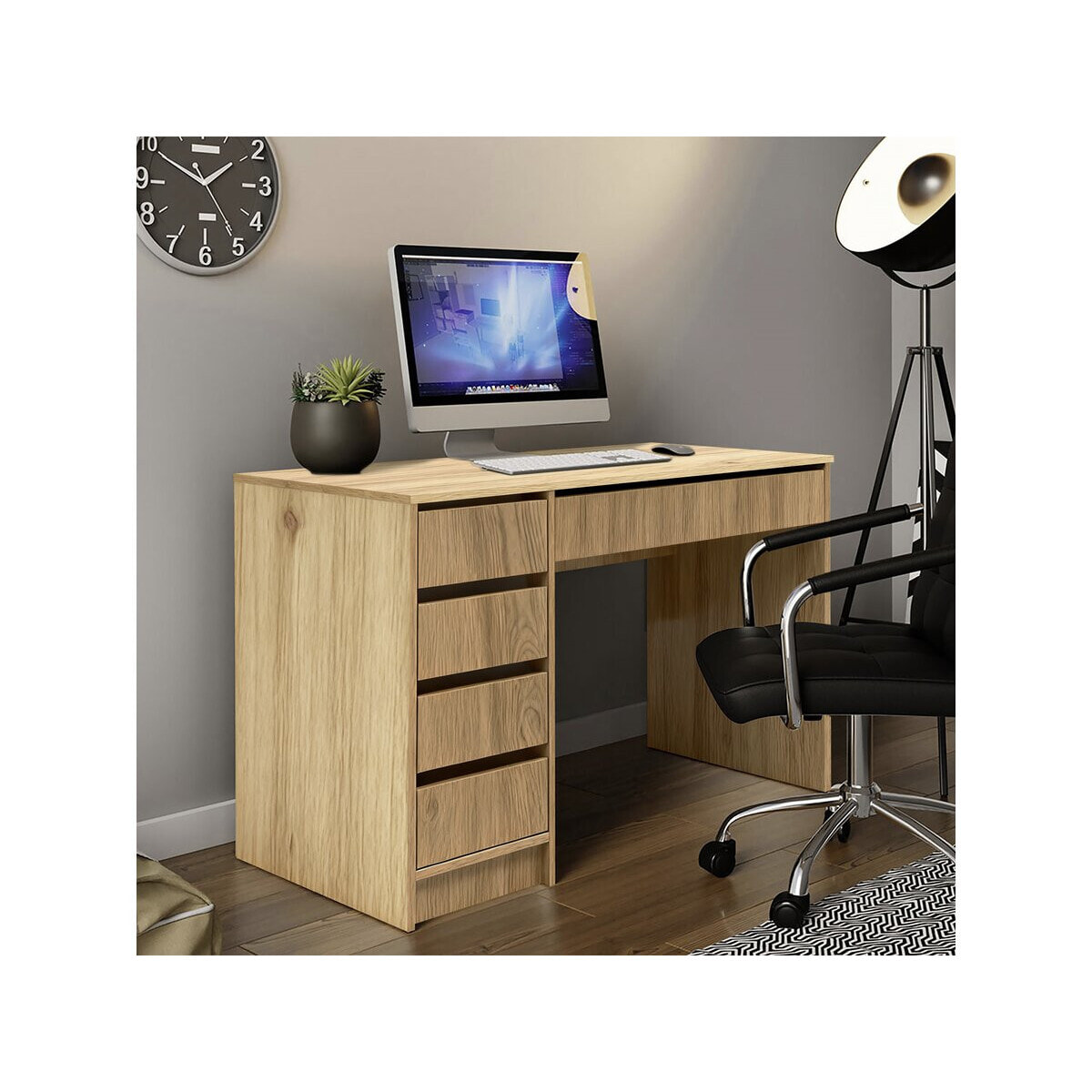 Bureau en bois 5 tiroirs "Malika" - 120 x 75 x 55 cm - Marron