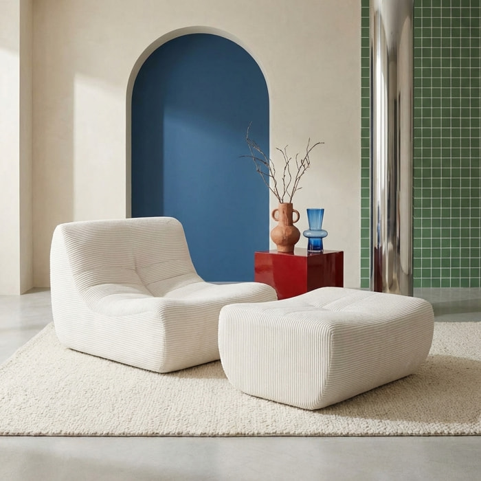 Chauffeuse velours côtelé 1 place avec repose pieds SOKOL