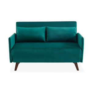 Canapé convertible en velours - Panam - 2 places scandinave. pieds bois foncé. vert. banquette. dossier inclinable