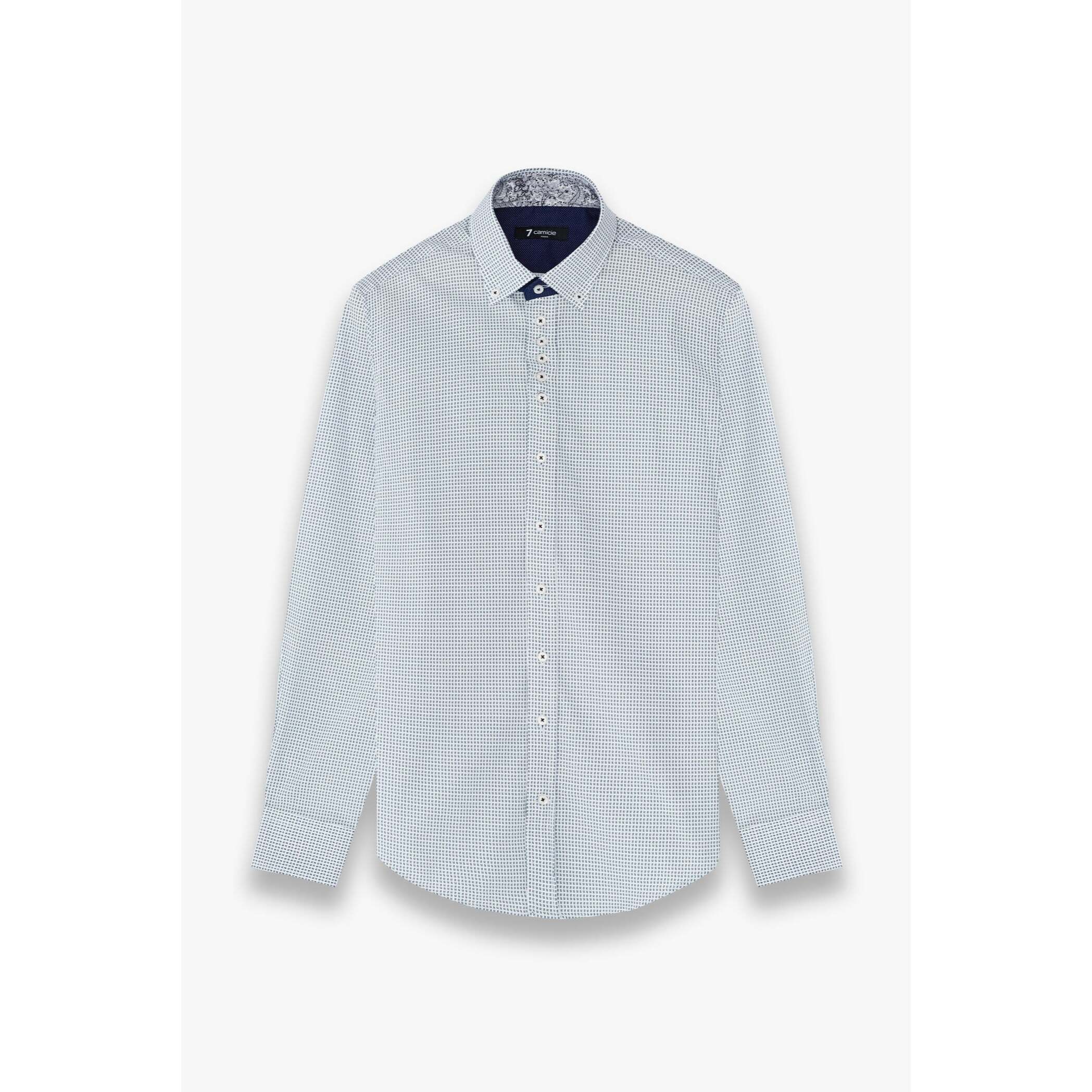Camicia Uomo 1 Bottoni Button Down Slim Popeline Stampato Bianco e Blu