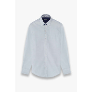 Camicia Uomo 1 Bottoni Button Down Slim Popeline Stampato Bianco e Blu
