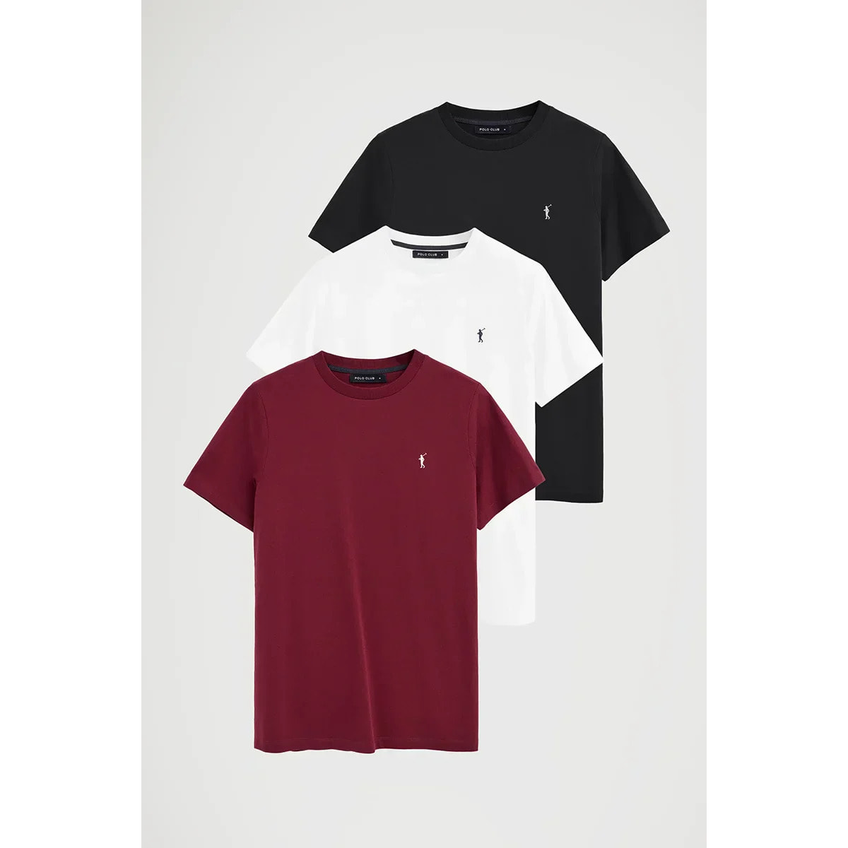 Pack hombre de tres camisetas negra, granate y blanca de manga corta y bordado Rigby Go
