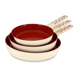 Set de 3 poêles en aluminium et motif cerise rouge CERISE