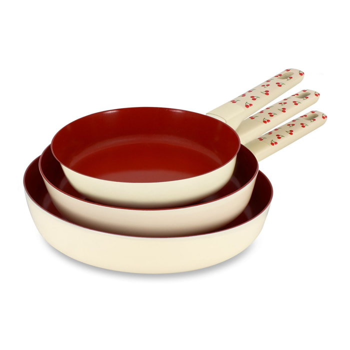 Set de 3 poêles en aluminium et motif cerise rouge CERISE