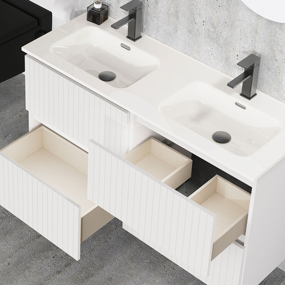 Ensemble de Salle de Bain Miya | 120 cm Blanc | Quatre Tiroirs | Lavabo Encastré | N'inclut pas le Miroir | Alday
