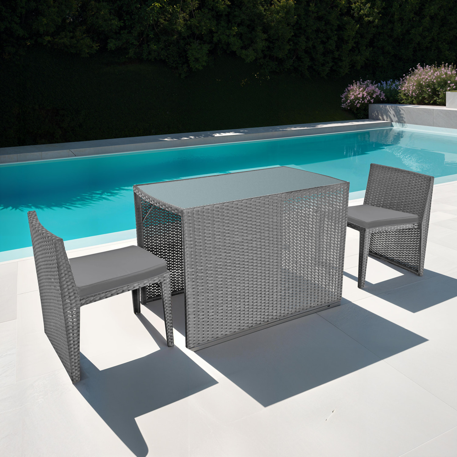 Salon de jardin encastrable SANTORIN en résine tressée grise 2 places - coussins gris