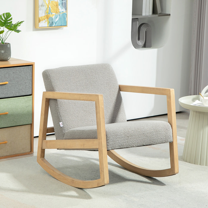 Mecedora Tapizada en Borreguito Silla Mecedora con Patas de Madera de Caucho y Reposabrazos Sillón Relax Carga 150 kg para Dormitorio Salón Gris