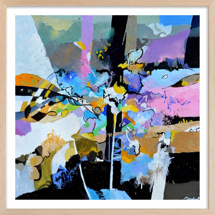 Affiche abstraite reminescence en arc-en-ciel Affiche + cadre en bois - Chêne