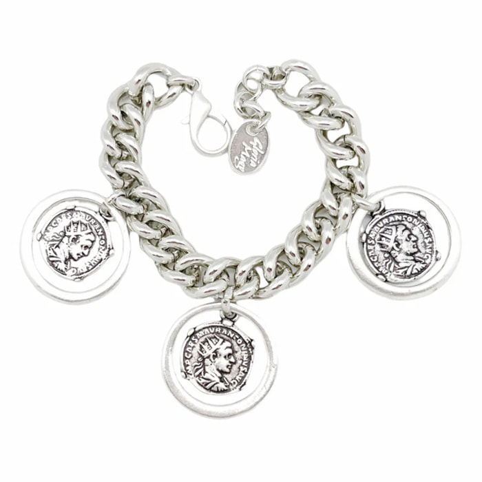 Pulsera Triple Aura con monedas tipo antigua en plata chapado