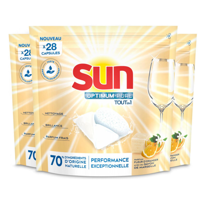 Pack de 3 - Sun Capsules Lave-Vaisselle Optimum Pure Tout En 1 Savon de Marseille 28 Capsules