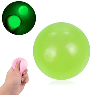 Sfera in silicone antistress da 5,5 cm, si illumina al buio. Palla morbida da spremere e spremere. Appiccicoso, aderisce al soffitto e alle pareti per pochi secondi.