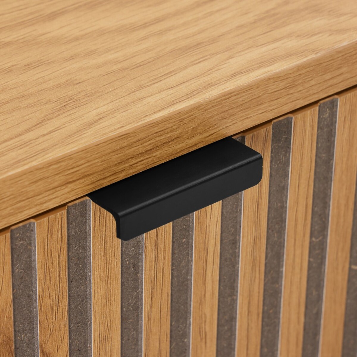 SCOTT - Bureau 2 tiroirs décor effet bois rainuré noir et naturel