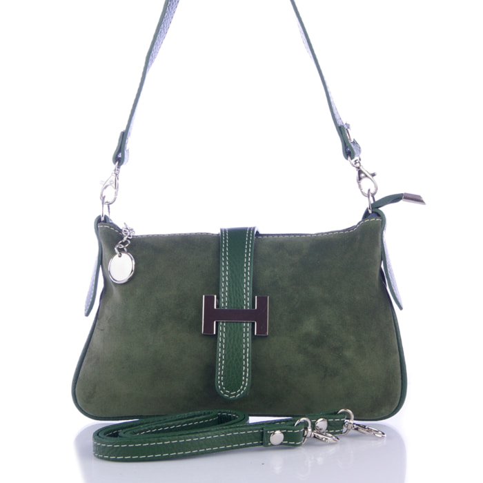 FIRENZE ARTEGIANI Borsa a Mano da Donna Allerona. Vera Pelle Dollaro Camoscio Made in Italy 24x2x14 Cm. Colore: verde militare