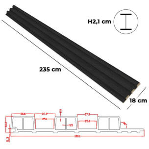 Chopin - Set 6 Pannelli Fonoassorbenti Decorativi 235x18 cm per Interno ed Esterno in WPC Nero