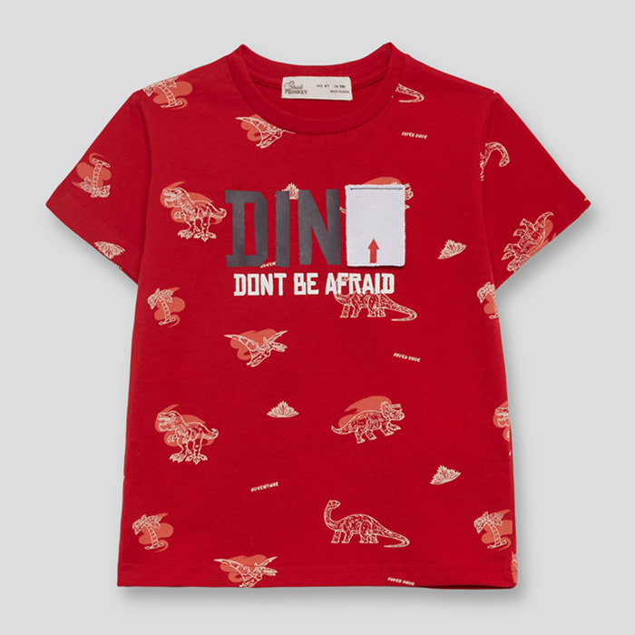 Camiseta Niño 100 % Algodón Manga Corta, Estampado Dinosaurios “Don’t Be Afraid”, Color Rojo Vivo, Tejido Suave y Transpirable | Color: Rojo | Street Monkey
