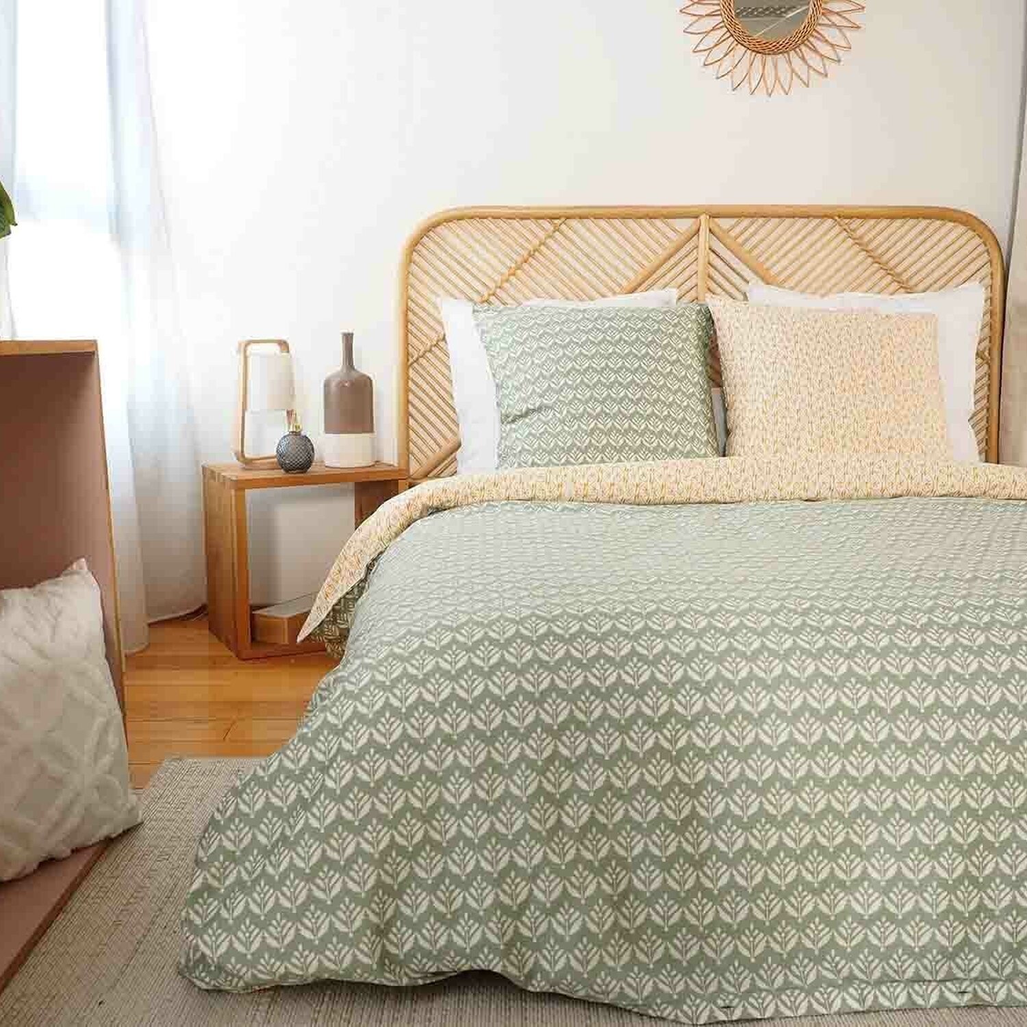 Parure housse de couette imprimé 100% satin de coton - orient - vert