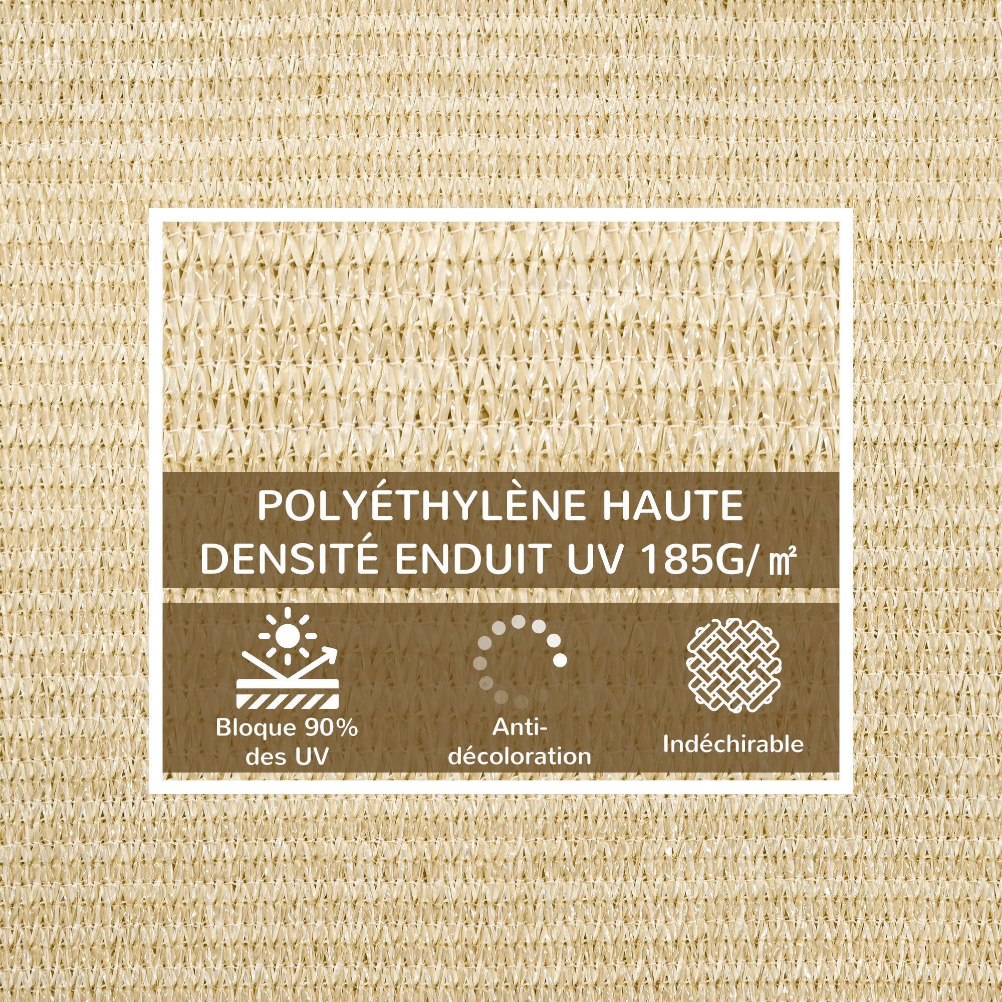 Voile d'ombrage rectangulaire grande taille 4 x 3 m polyéthylène haute densité HDPE résistant aux UV beige