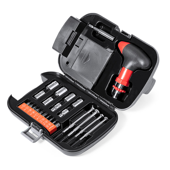Set di strumenti Vizcaya con 24 accessori in un case resistente e torcia LED integrata.