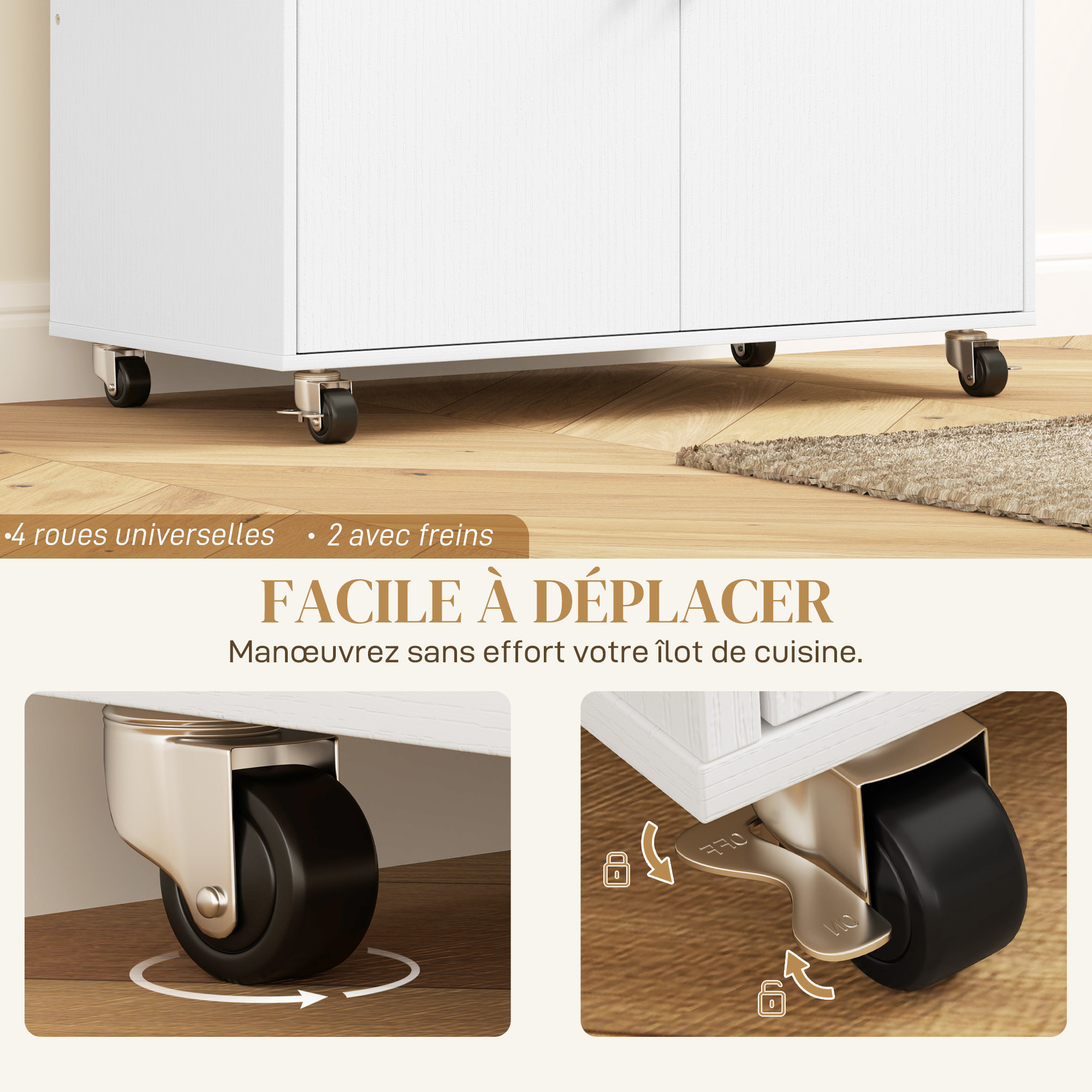 Desserte de cuisine 2 portes étagère tiroir support épices porte-serviette blanc effet bois naturel