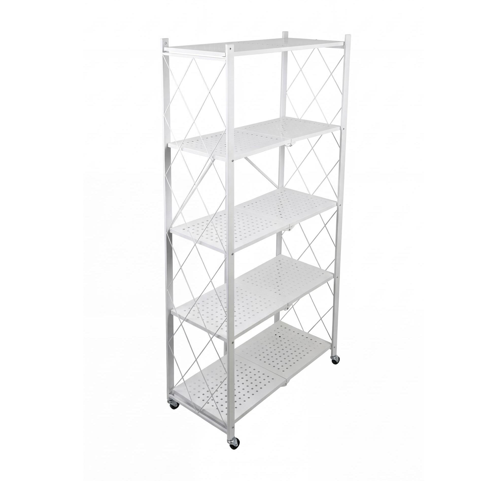 Estantería de Almacenamiento PLEGABLE de 5 Estantes con ruedas, SIN montaje -71x34x160 cm color Blanco