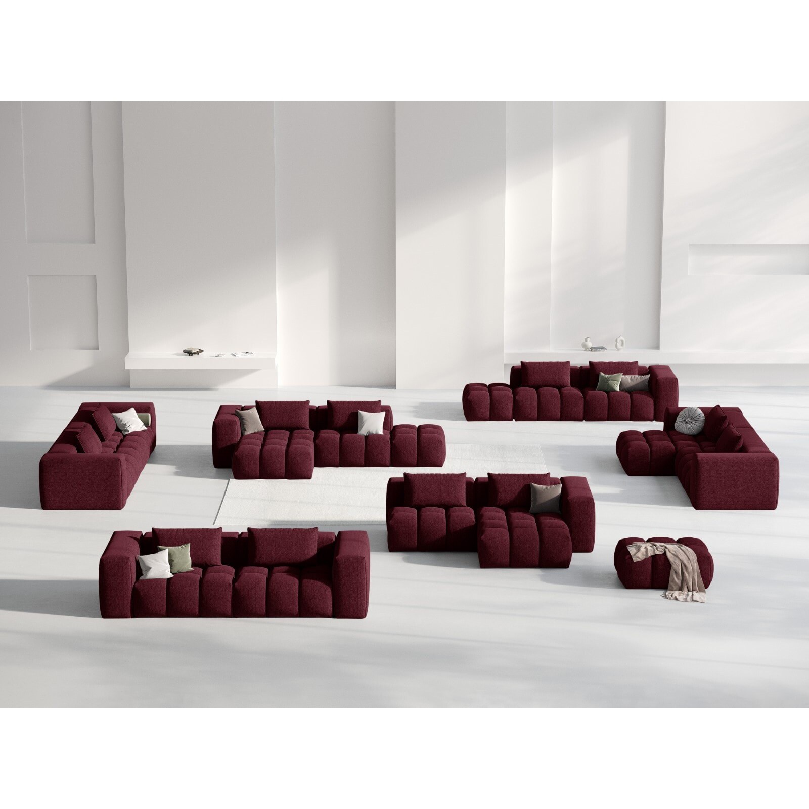 Canapé d'angle droit modulable "Lorella" 3 places en tissu structurel bordeaux