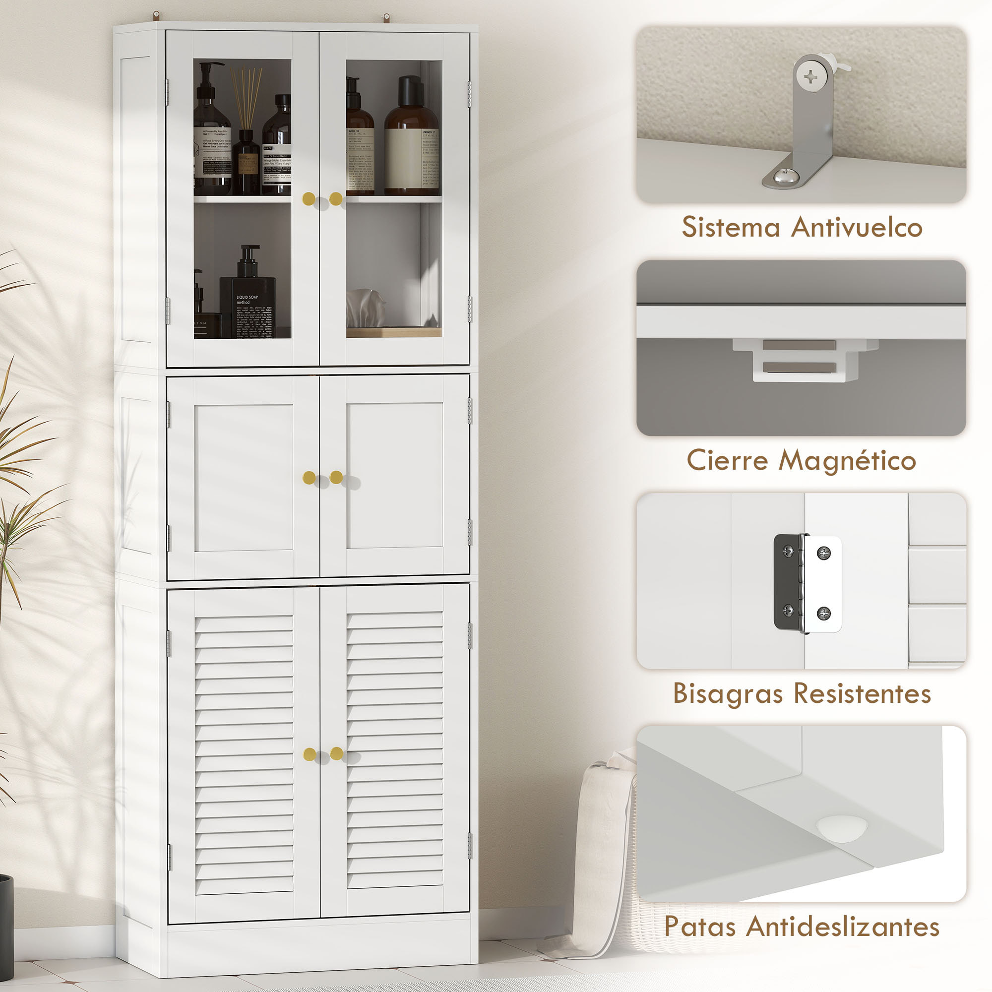 Armario de Baño Alto, Columna de Baño Estrecha con Puertas de Vidrio, Puertas de Lamas, Estantes Ajustables, 60x30x170 cm, Blanco