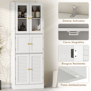 Armario de Baño Alto, Columna de Baño Estrecha con Puertas de Vidrio, Puertas de Lamas, Estantes Ajustables, 60x30x170 cm, Blanco