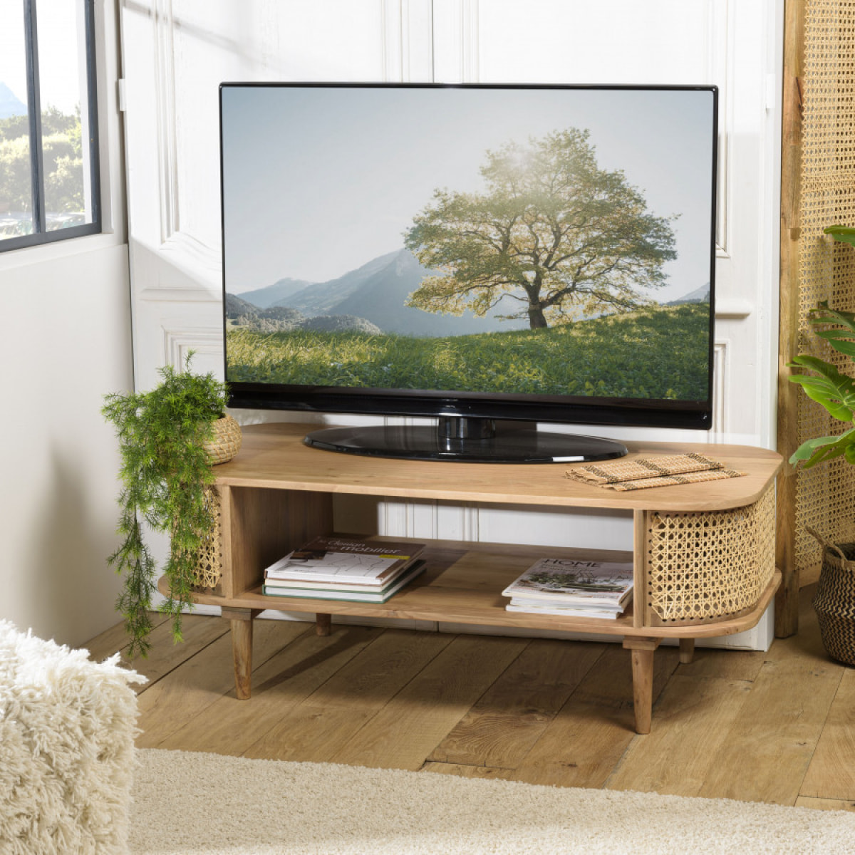 ISA - Meuble TV marron bois de jamelonier et cannage couleur naturelle