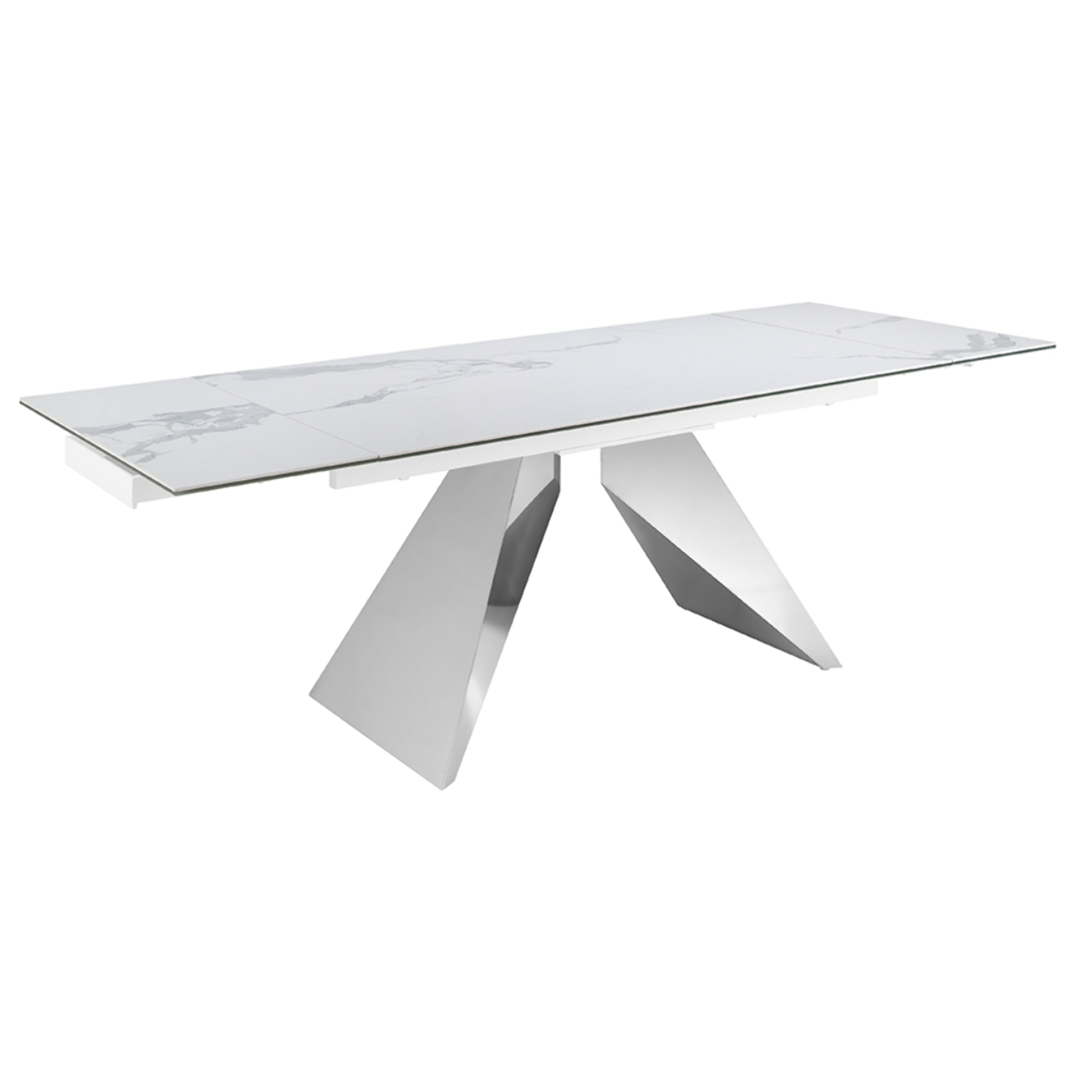 Mesa comedor extensible rectangular con tapa de mármol porcelánico blanco con vetas en gris en acabado brillo 160x90x76cm