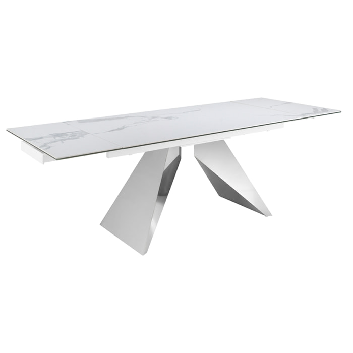 Mesa comedor extensible rectangular con tapa de mármol porcelánico blanco con vetas en gris en acabado brillo 160x90x76cm