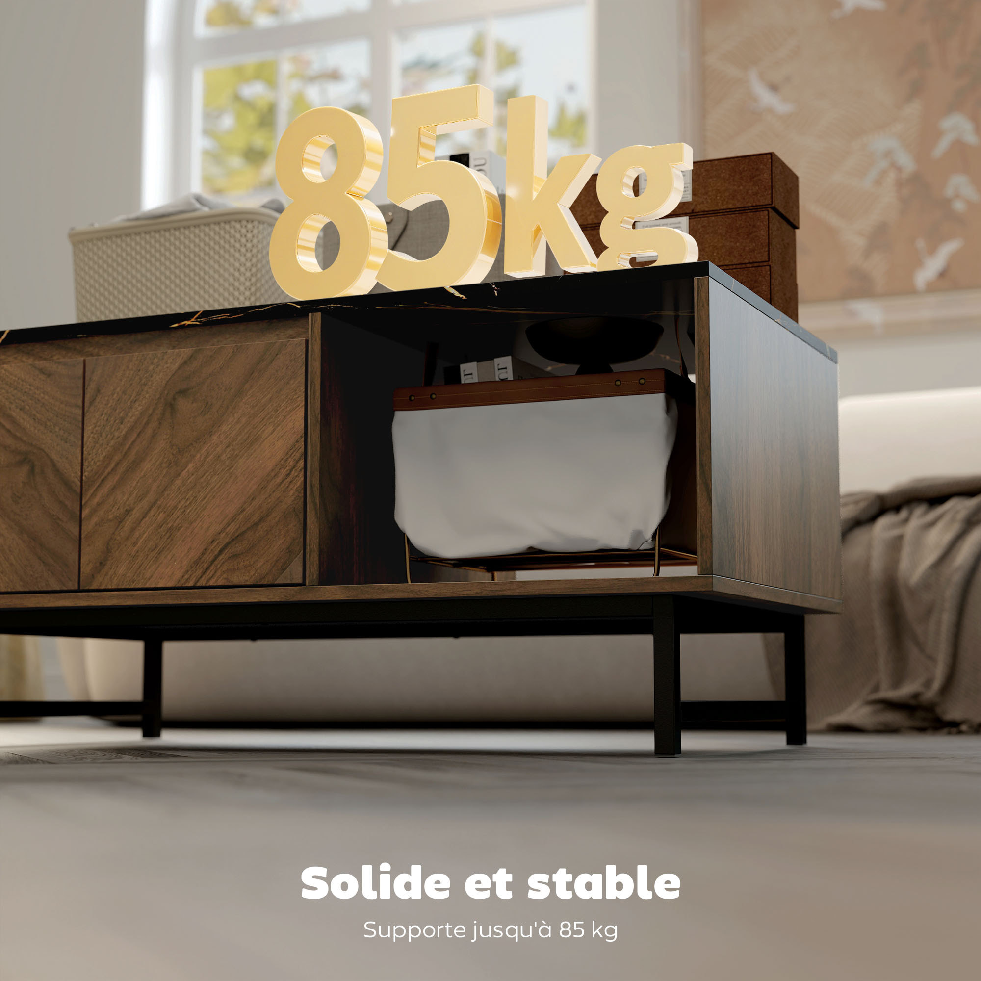Table basse, table de salon avec plateau effet marbre, 2 portes et 2 compartiments ouverts, cadre en acier, 100 x 50,8 x 45,7 cm