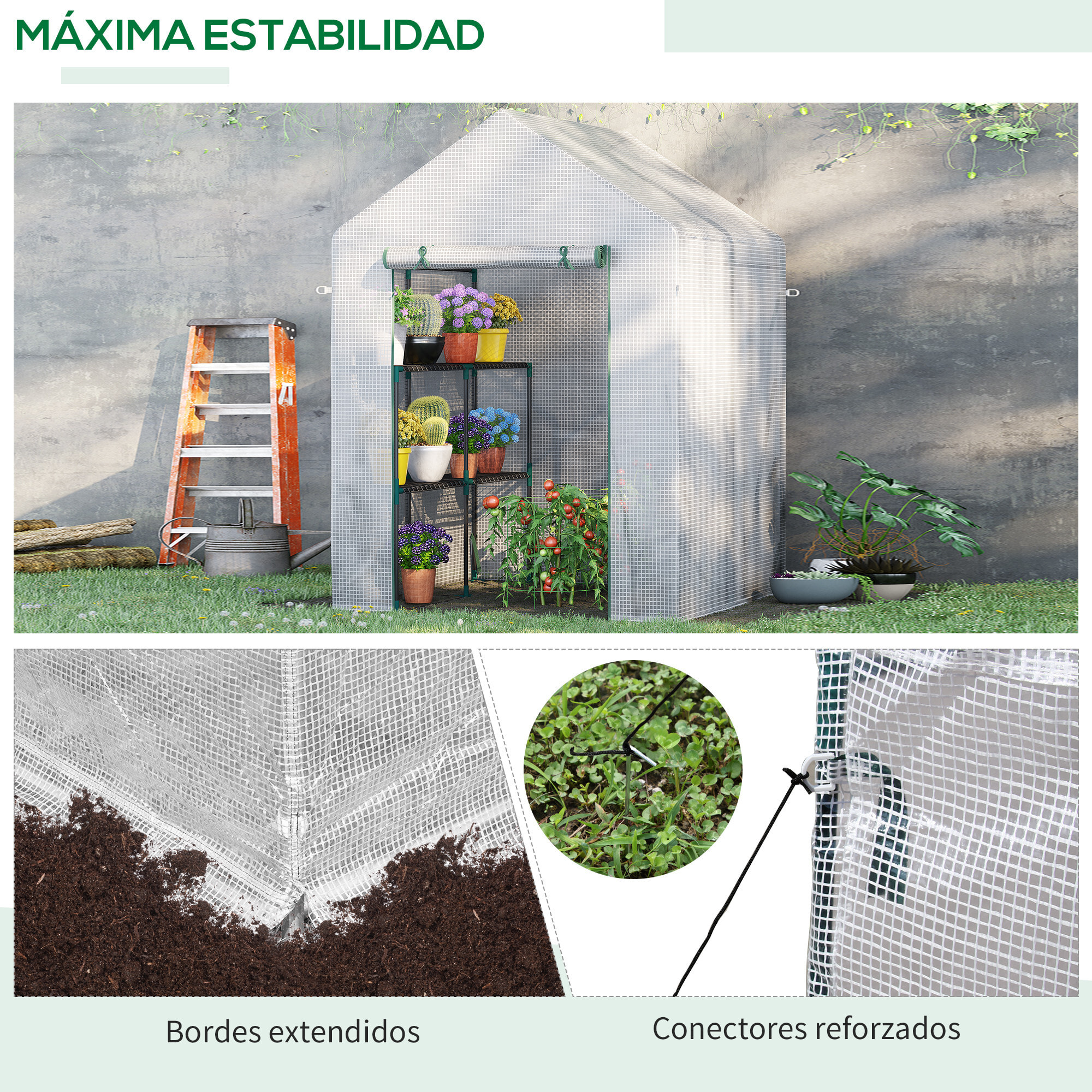 Invernadero de Exterior Invernadero Pequeño con 4 Estantes Puerta Enrollable con Cremallera y Marco de Acero Invernadero para Cultivos Plantas Flores 143x143x195 cm Blanco