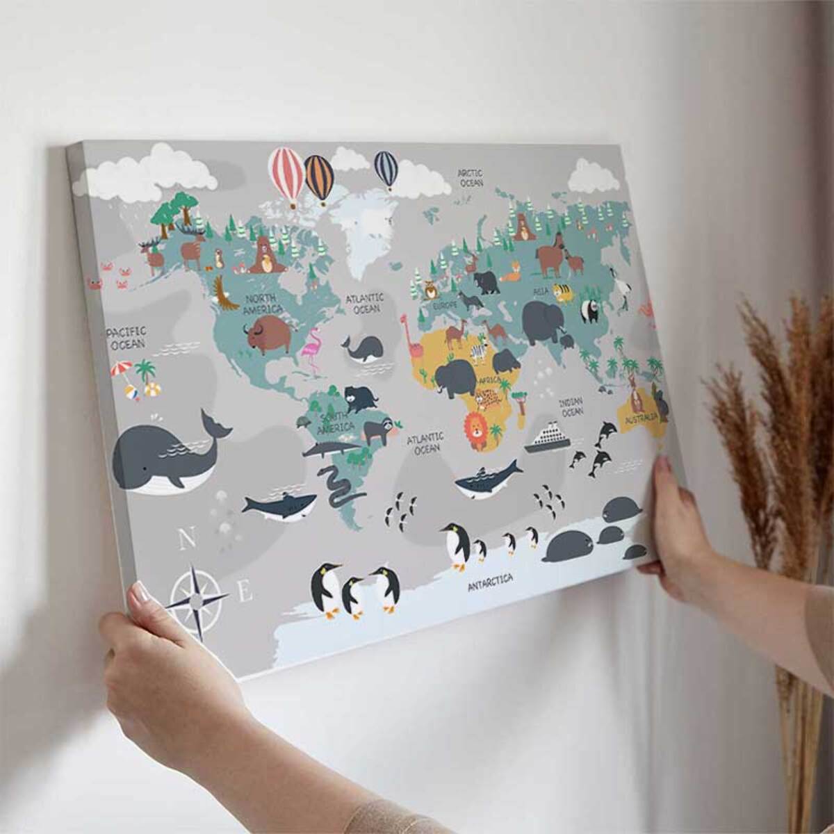 Tableau carte du monde illustrée animaux Toile imprimée