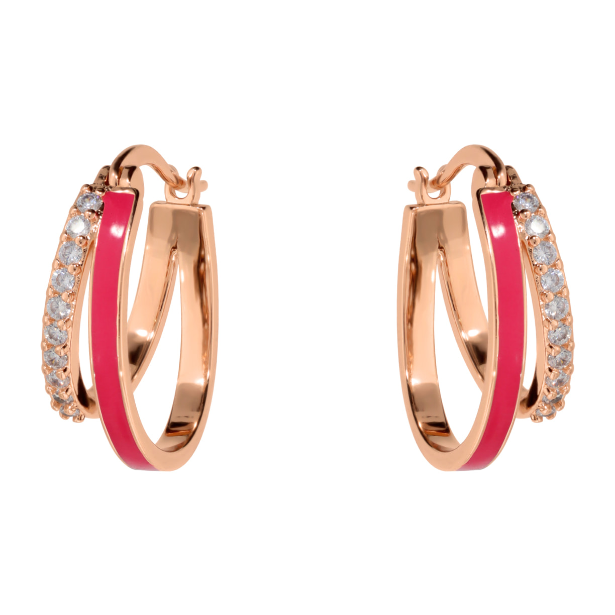 Orecchini a Cerchio Doppi Graduati con Smalto Fucsia e Pavé di Cubic Zirconia