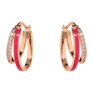 Orecchini a Cerchio Doppi Graduati con Smalto Fucsia e Pavé di Cubic Zirconia