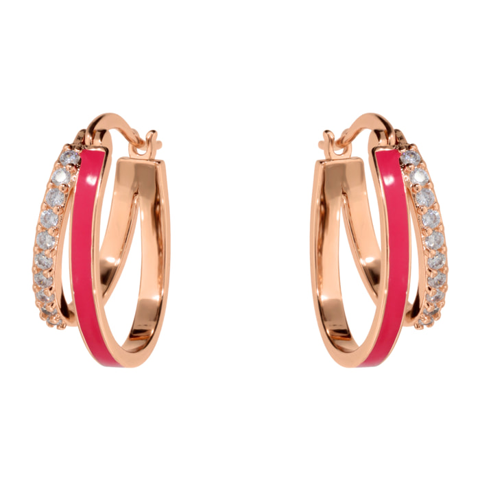 Orecchini a Cerchio Doppi Graduati con Smalto Fucsia e Pavé di Cubic Zirconia
