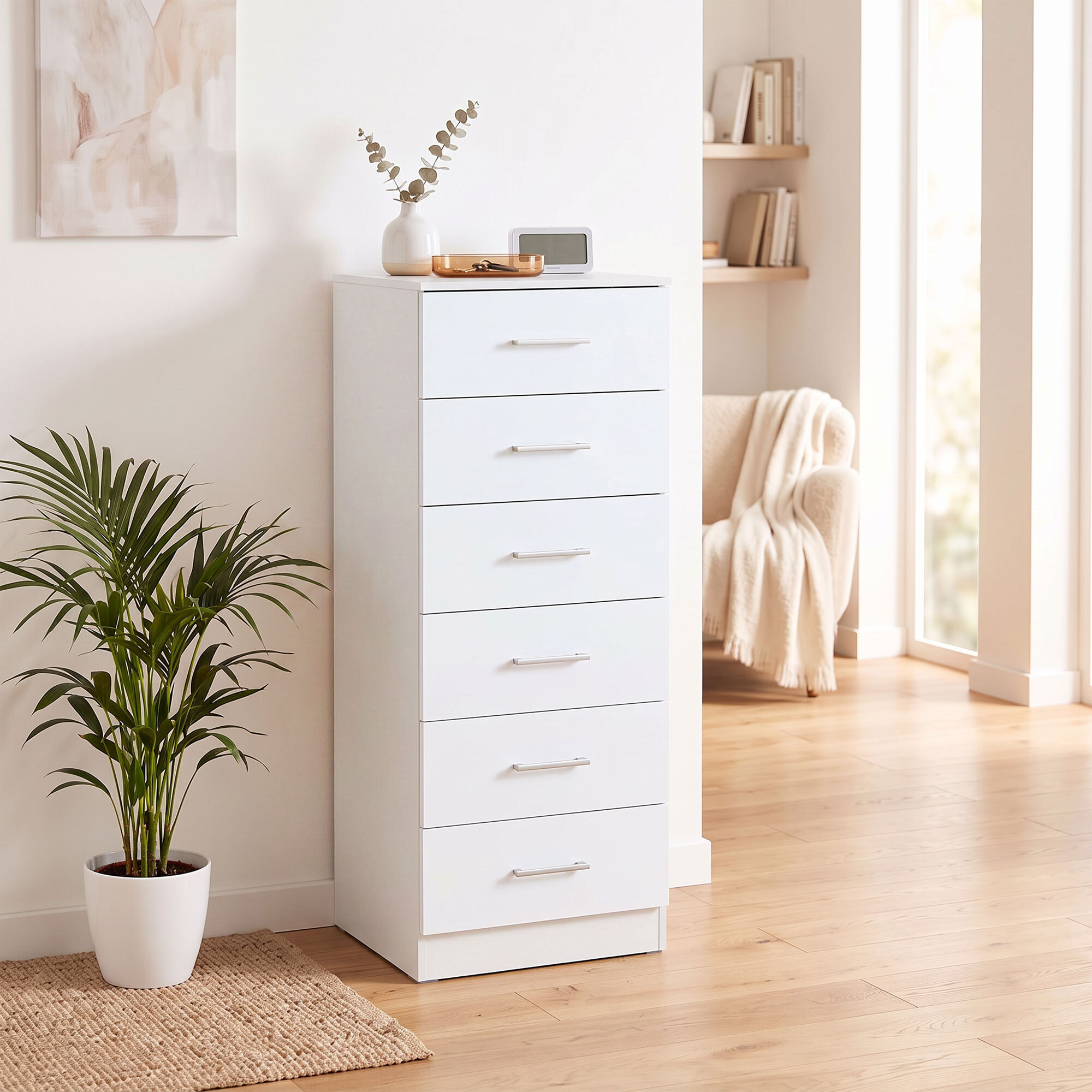 Cómoda de 6 Cajones, Cajonera para Dormitorio Alta y Estrecha, Sinfonier para Salón, Vestidor, Entrada, 40x40x110 cm, Blanco