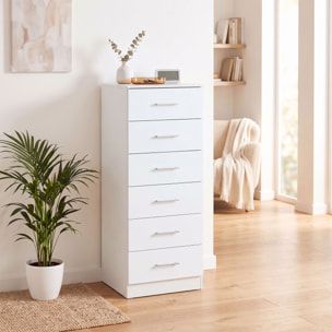 Cómoda de 6 Cajones, Cajonera para Dormitorio Alta y Estrecha, Sinfonier para Salón, Vestidor, Entrada, 40x40x110 cm, Blanco