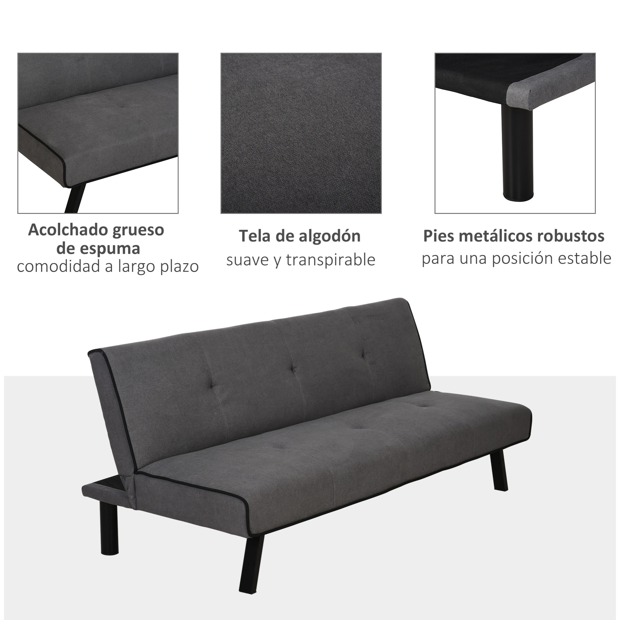 Sofá Cama de 3 Plazas con Patas Elevadas 170x76x72,5 cm Gris