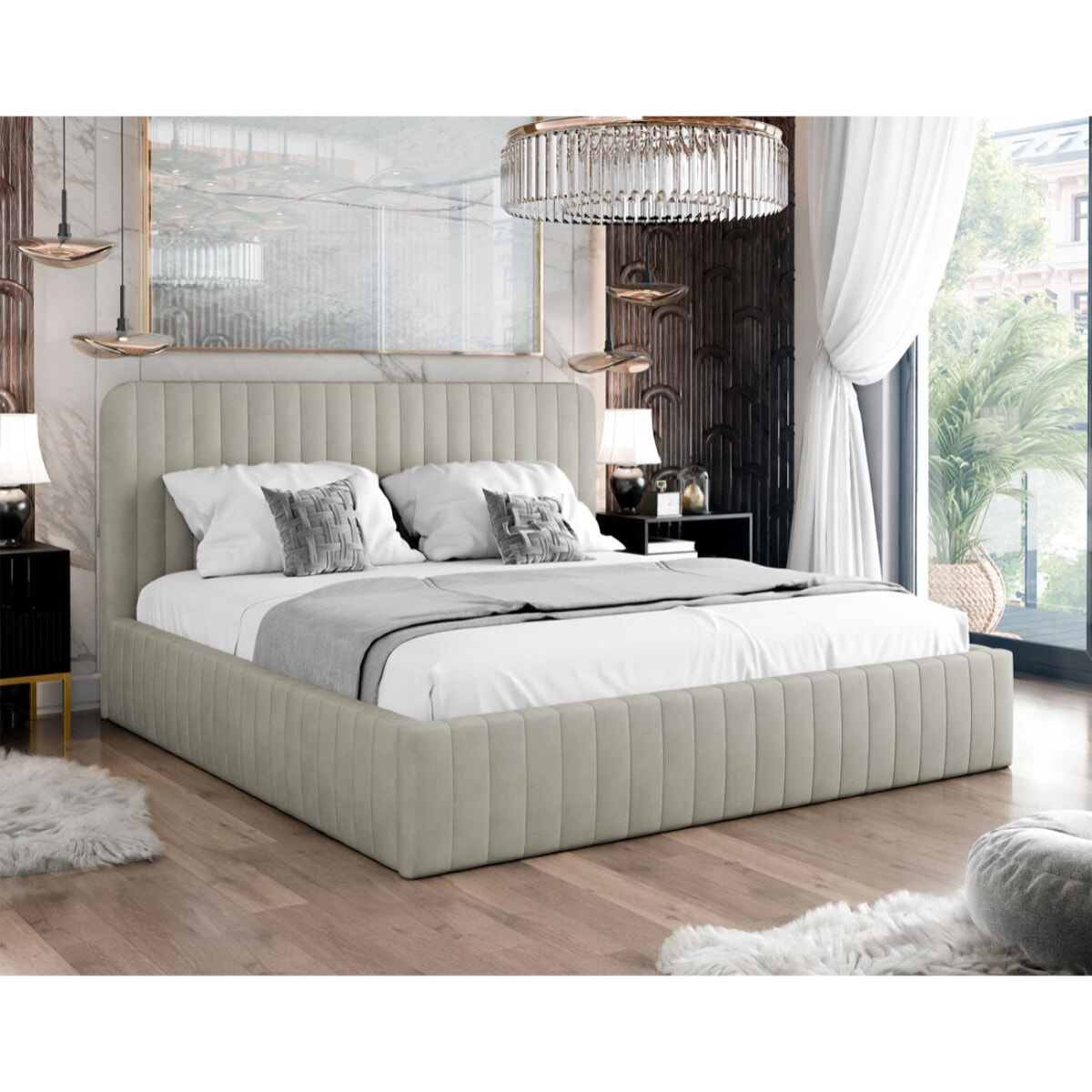 Stuart - lit coffre - 140x200 cm - sommier inclus - en velours - Beige