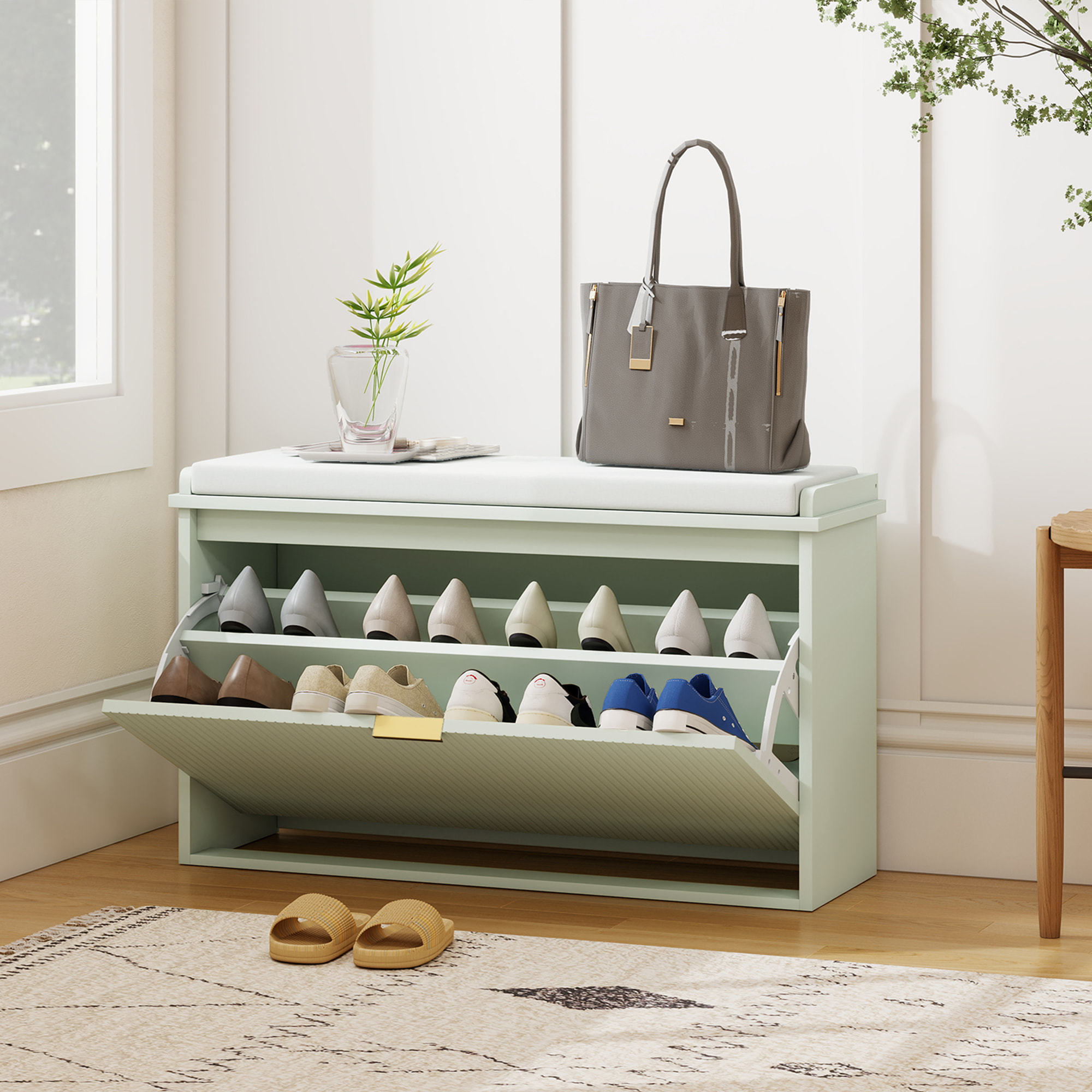 Banco Zapatero Estrecho, Banco Recibidor con Asiento Acolchado, Cajón Abatible y Estante Ajustable, para 8 Pares de Zapatos, para Entrada, Dormitorio, 80x26x47,5 cm, Verde Claro
