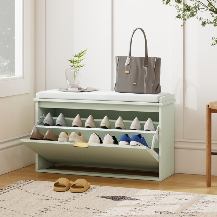 Banco Zapatero Estrecho, Banco Recibidor con Asiento Acolchado, Cajón Abatible y Estante Ajustable, para 8 Pares de Zapatos, para Entrada, Dormitorio, 80x26x47,5 cm, Verde Claro