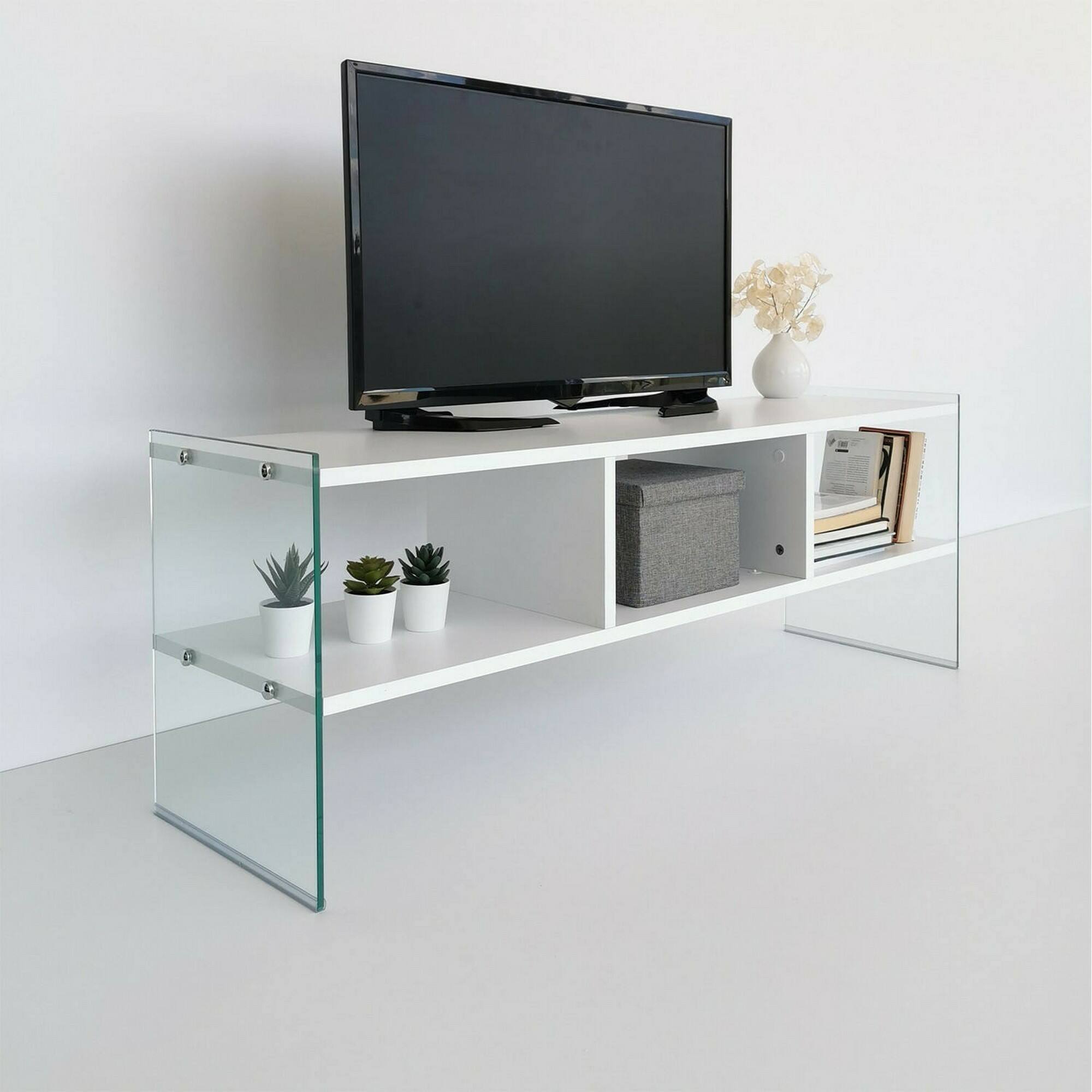 Mobile porta TV Dbennace, Credenza da soggiorno, Armadio basso per TV, Base parete attrezzata, 120x35h45 cm, Bianco