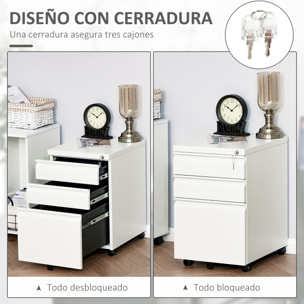 Cajonera de Oficina Mueble Archivador de Acero con 4 Ruedas 3 Cajones Cerradura y 2 Llaves para Tamaño A4 Carta para Estudio Salón 39x48x60 cm Blanco