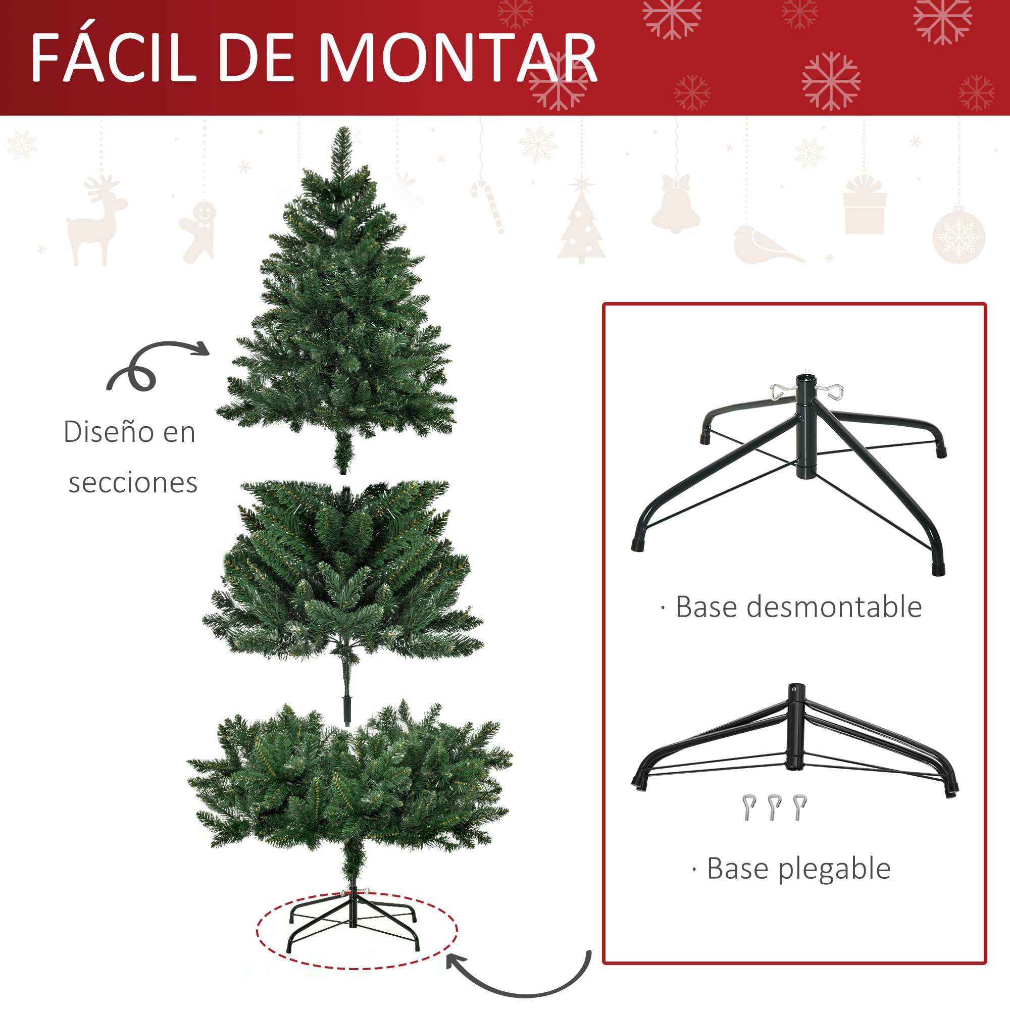 HOMCOM Árbol de Navidad Artificial 180 cm Ignífugo con 724 Ramas con 2 Tipos de Puntas de PVC Base Plegable y Soporte de Acero Decoración Navideña de Interior Verde